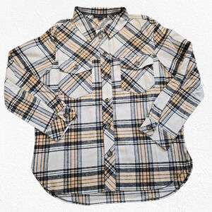 Sanctuary Beige Black Plaid Button Up Flannel Shirt Classic Shacket Size Large